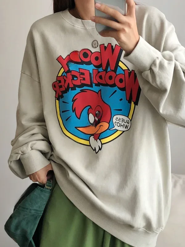 淘氣啄木鳥寬鬆印花大學T