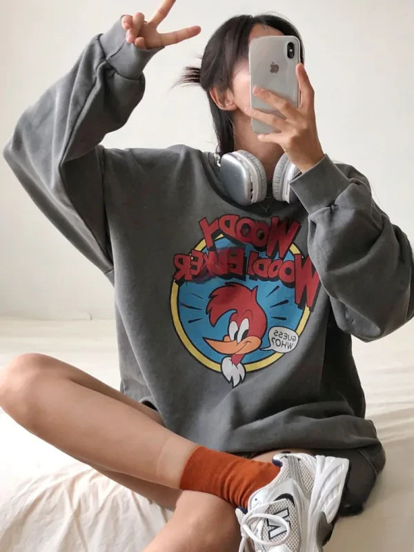 淘氣啄木鳥寬鬆印花大學T
