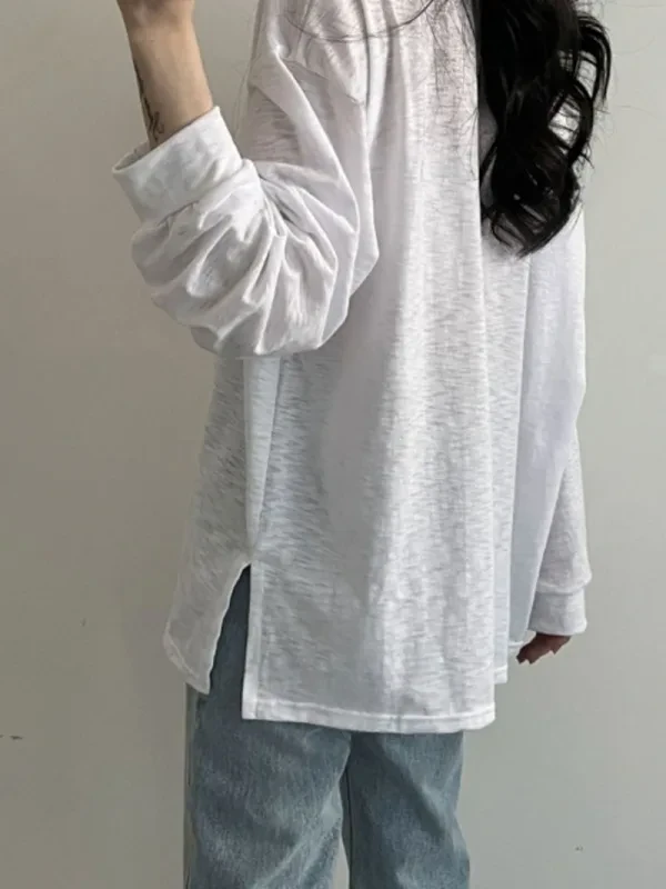 慵懶日常寬版側開衩長袖上衣