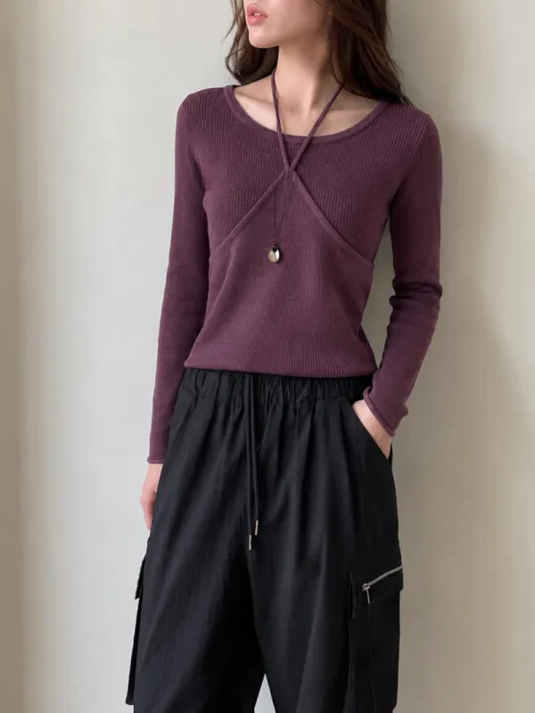 暖棕交織假兩件羅紋針織上衣