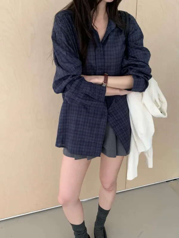 暮色格紋寬版長版襯衫