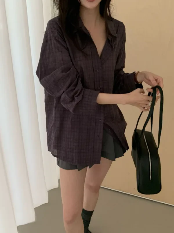暮色格紋寬版長版襯衫