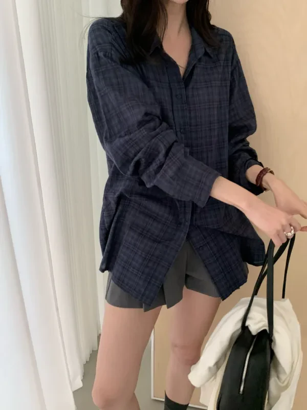 暮色格紋寬版長版襯衫