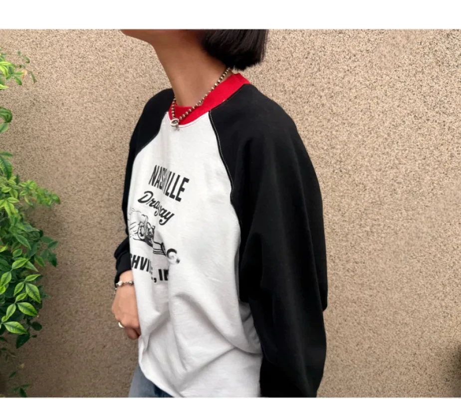 納什維爾復古賽道撞色插肩上衣