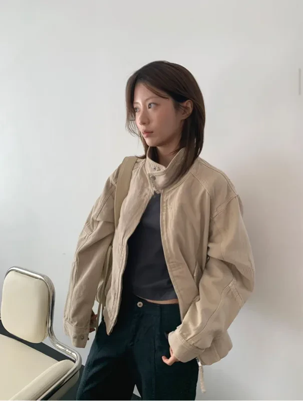 暖砂工裝立領抽繩外套